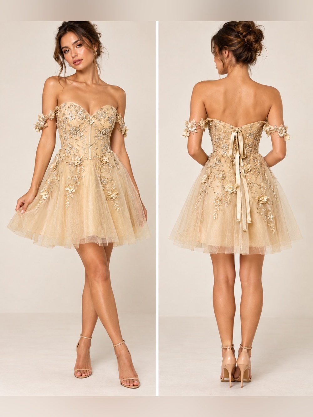 Gold Floral Embroidered Corset Tulle Mini Dress Size 6 Formal Party